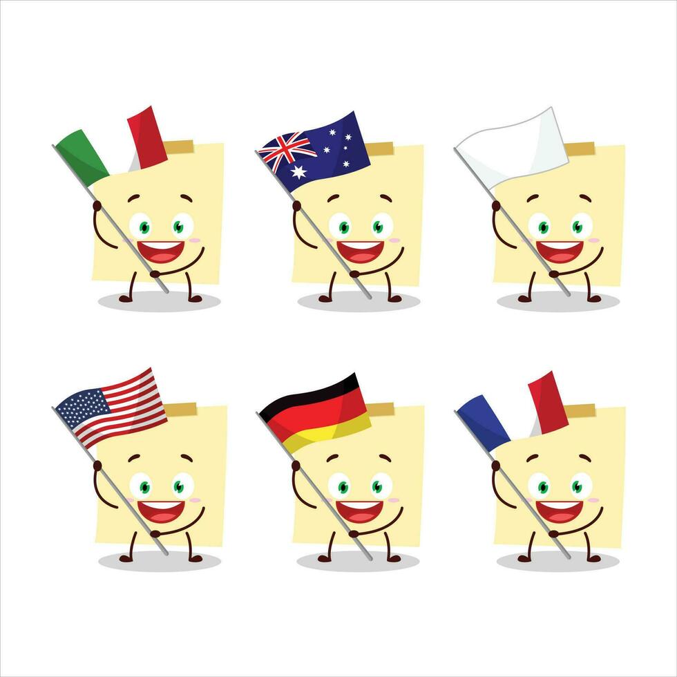 pálido amarillo pegajoso notas dibujos animados personaje traer el banderas de varios países vector