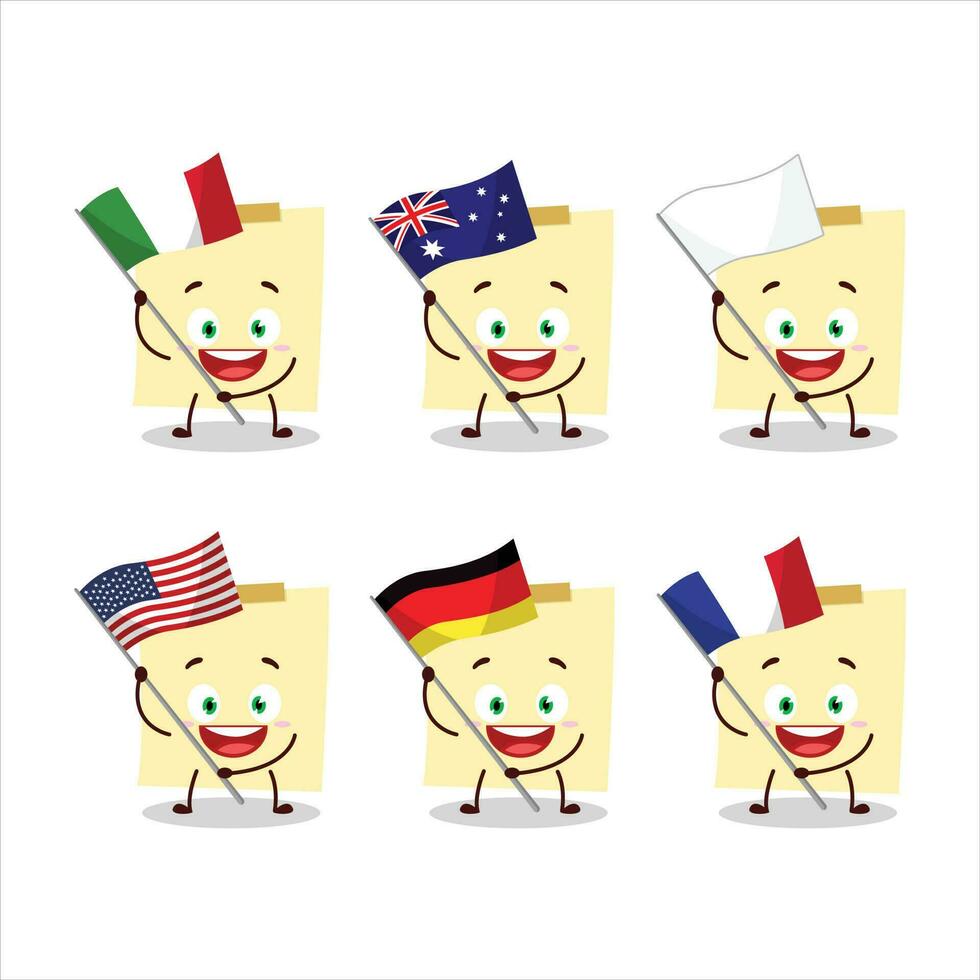 Pale yellow sticky notes cartoon character bring the flags of various countries vector
