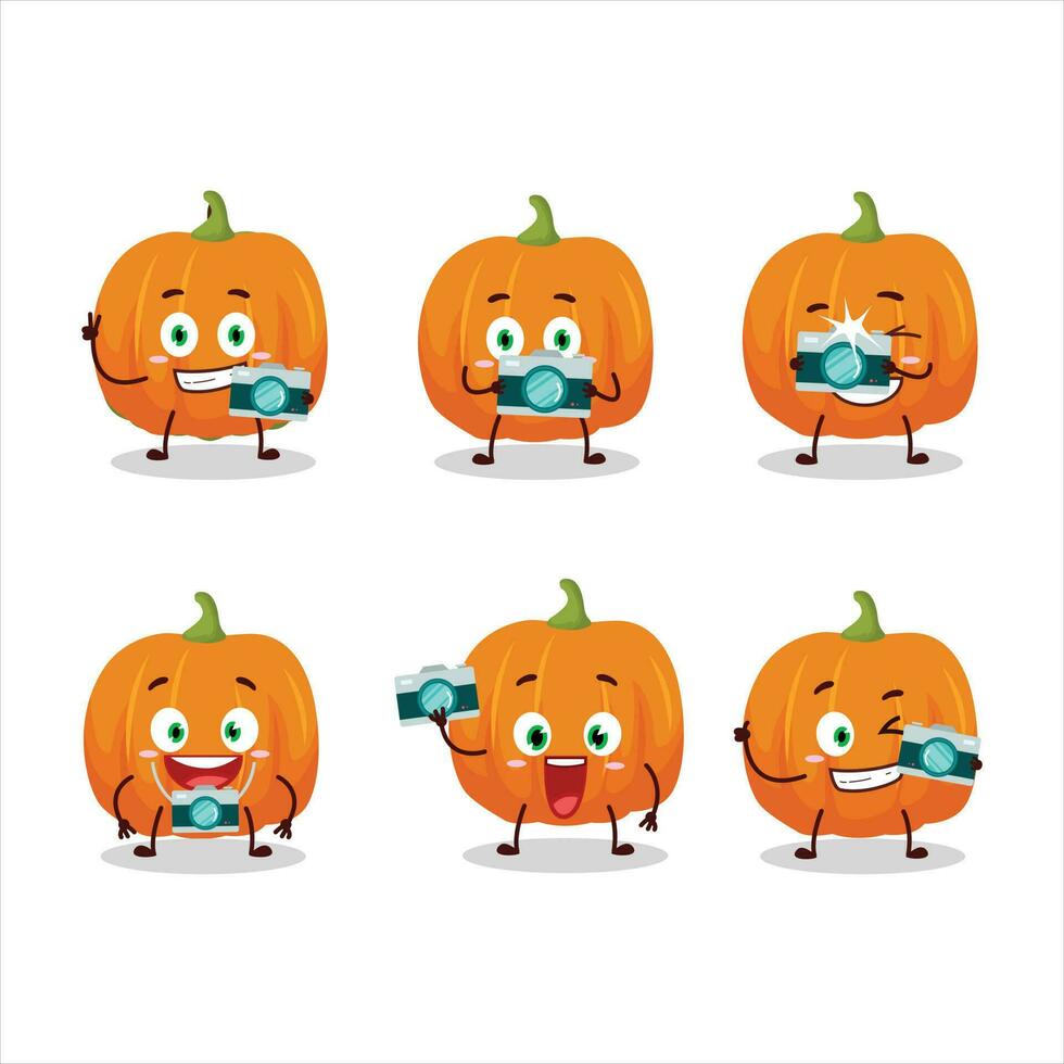 Photographer profession emoticon with orange pumpkin cartoon character vector