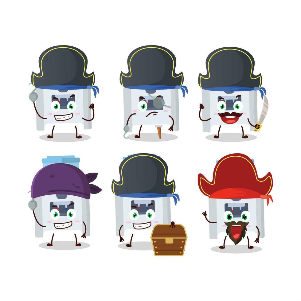 dibujos animados personaje de agua enfriador con varios piratas emoticones vector