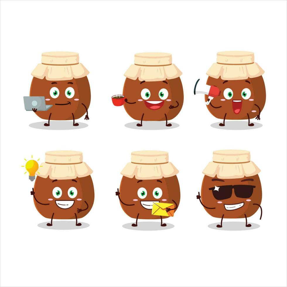 Brown honey jar cartoon character with various types of business emoticons vector