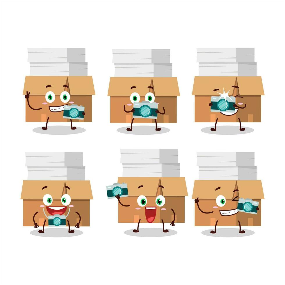 Photographer profession emoticon with office boxes with paper cartoon character vector