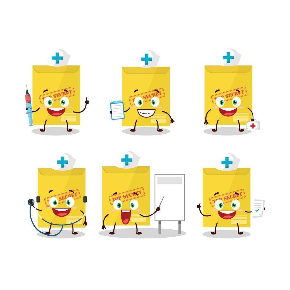 médico profesión emoticon con secreto documento dibujos animados personaje vector