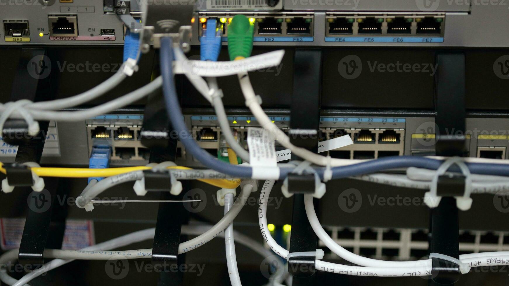 Technology center network server room with UTP Network cables photo