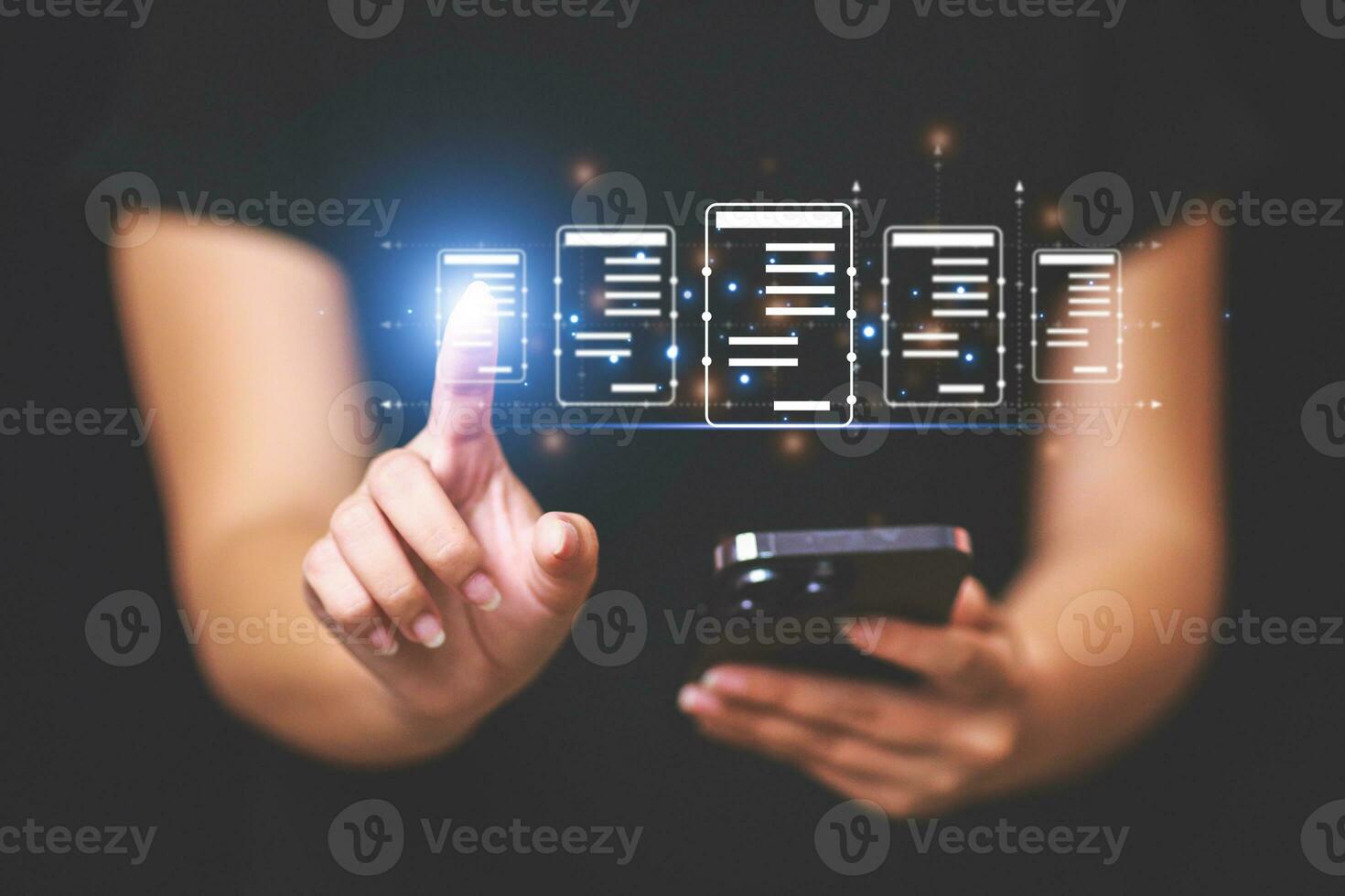 Business woman touching virtual monitor with document for online approve paperless quality assurance and ERP management concept. photo