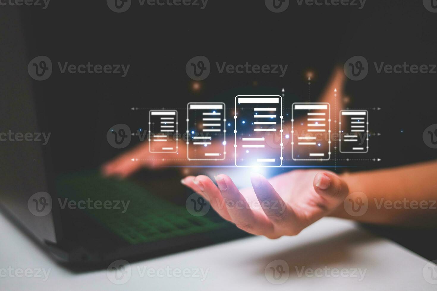 Business woman touching virtual monitor with document for online approve paperless quality assurance and ERP management concept. photo