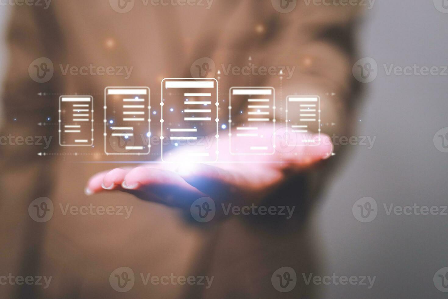 Business woman touching virtual monitor with document for online approve paperless quality assurance and ERP management concept. photo