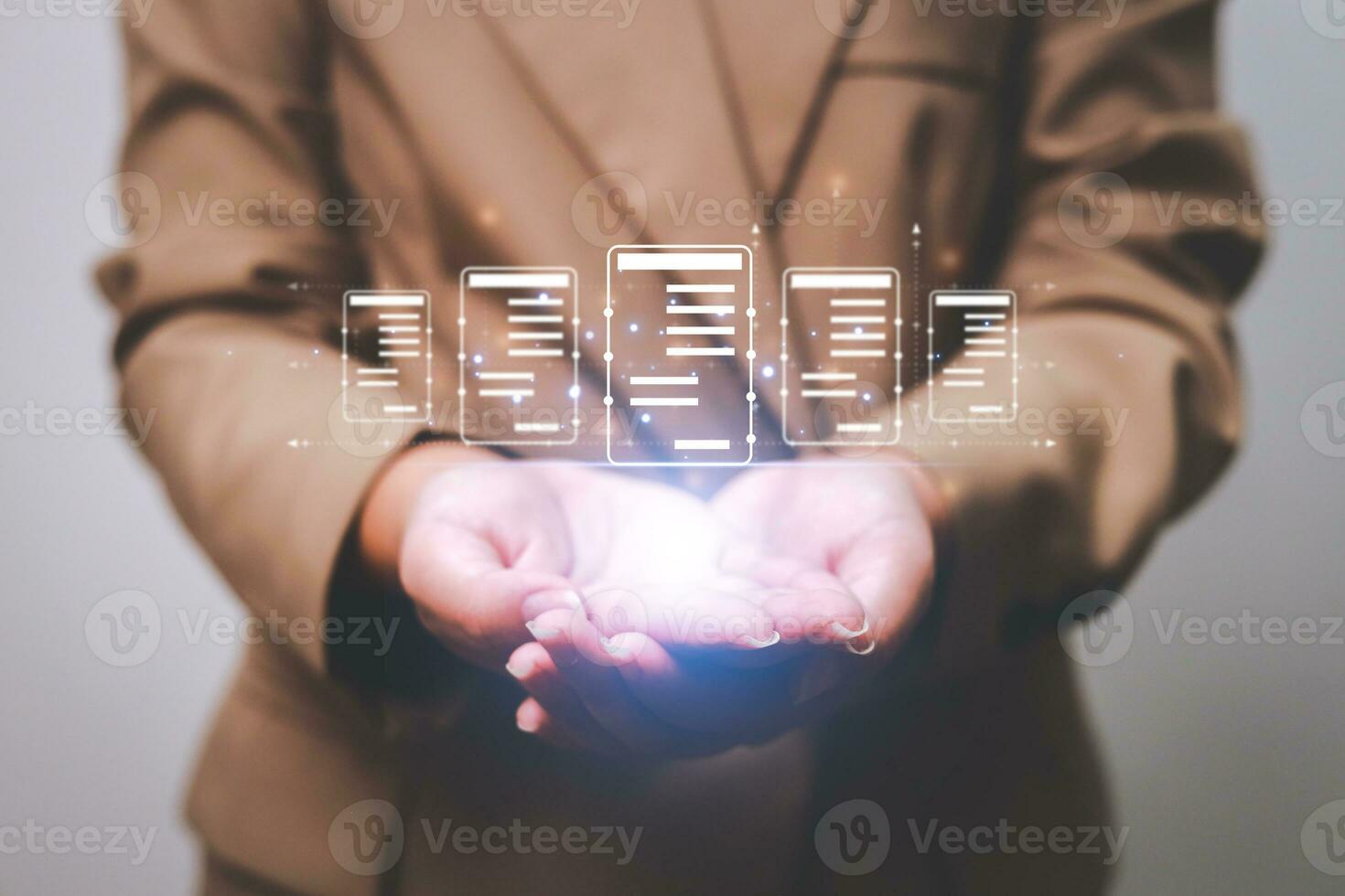 Business woman touching virtual monitor with document for online approve paperless quality assurance and ERP management concept. photo