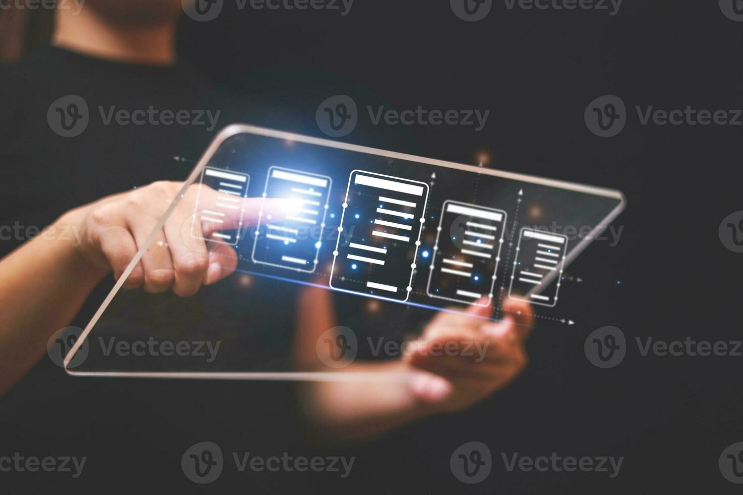 Business woman touching virtual monitor with document for online approve paperless quality assurance and ERP management concept. photo