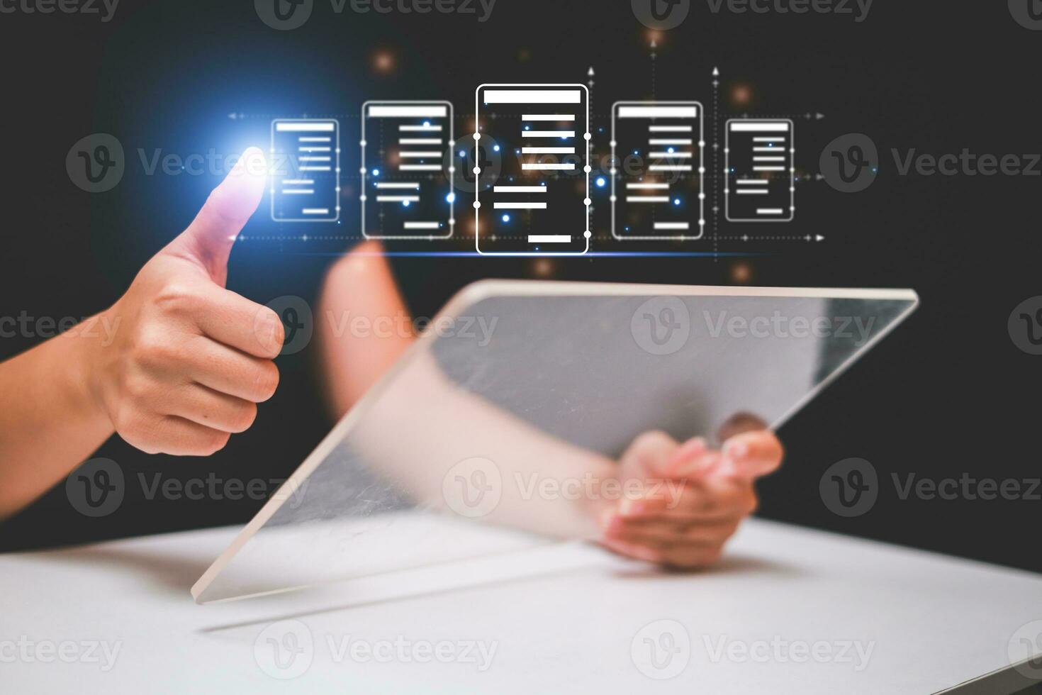Business woman touching virtual monitor with document for online approve paperless quality assurance and ERP management concept. photo