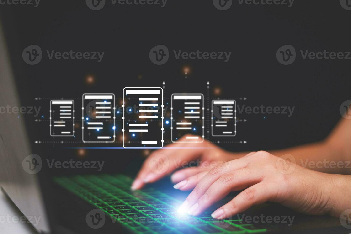 Business woman touching virtual monitor with document for online approve paperless quality assurance and ERP management concept. photo