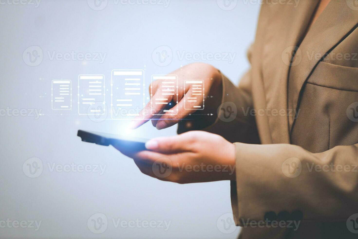 Business woman touching virtual monitor with document for online approve paperless quality assurance and ERP management concept. photo