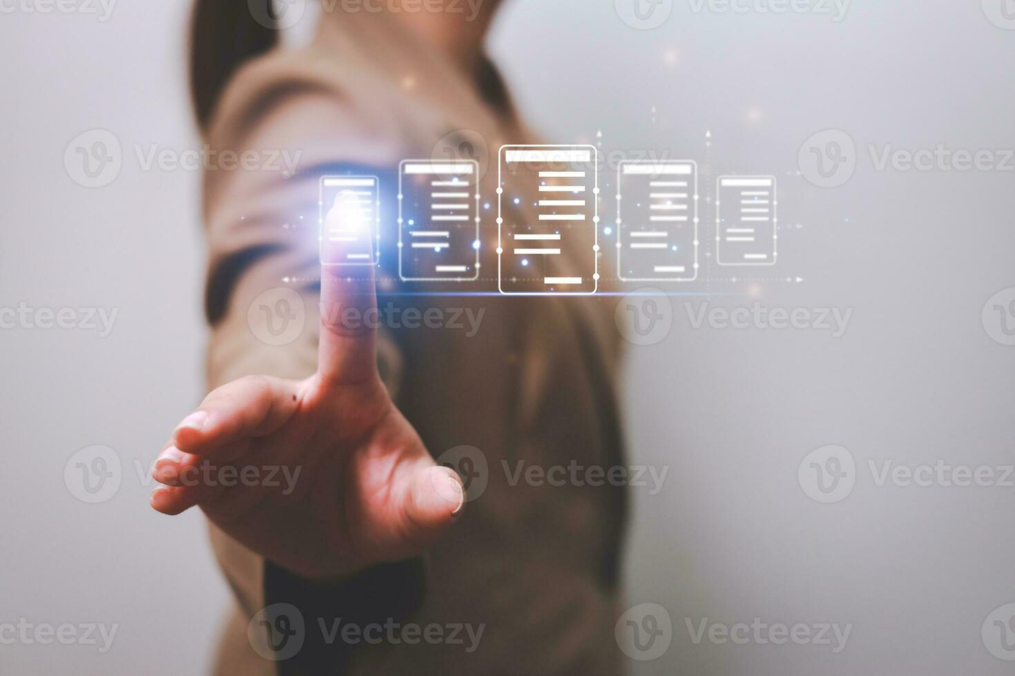 Business woman touching virtual monitor with document for online approve paperless quality assurance and ERP management concept. photo