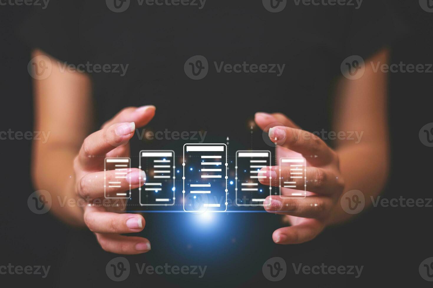 Business woman touching virtual monitor with document for online approve paperless quality assurance and ERP management concept. photo