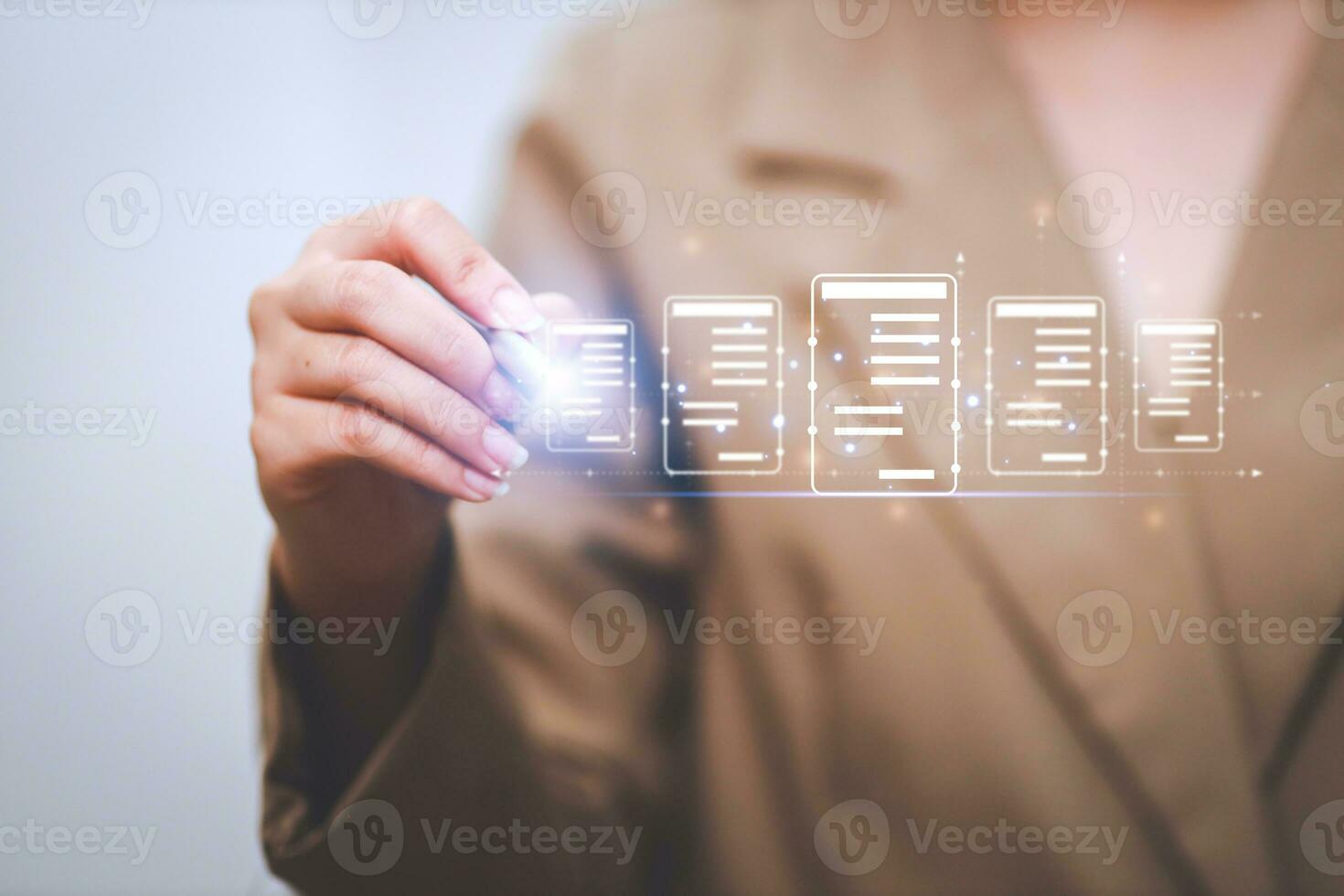 Business woman touching virtual monitor with document for online approve paperless quality assurance and ERP management concept. photo