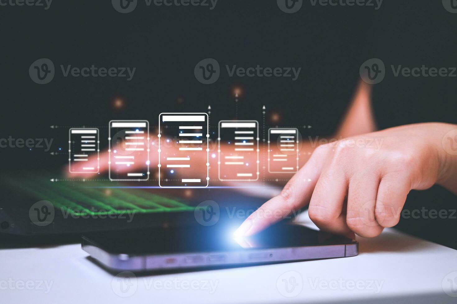 Business woman touching virtual monitor with document for online approve paperless quality assurance and ERP management concept. photo