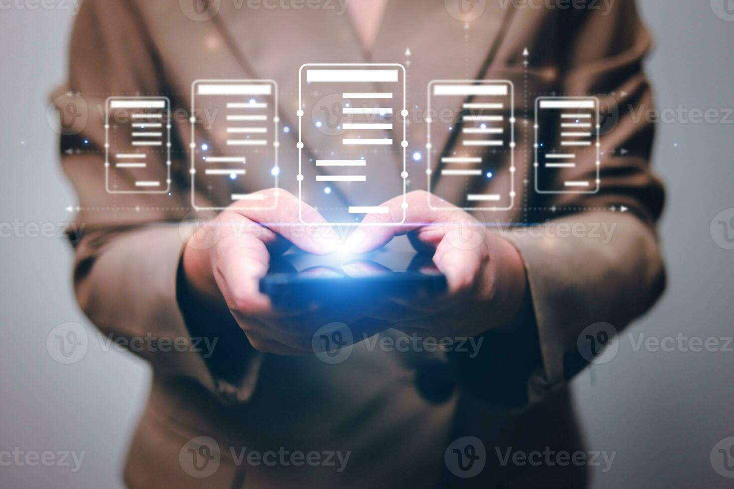 Business woman touching virtual monitor with document for online approve paperless quality assurance and ERP management concept. photo