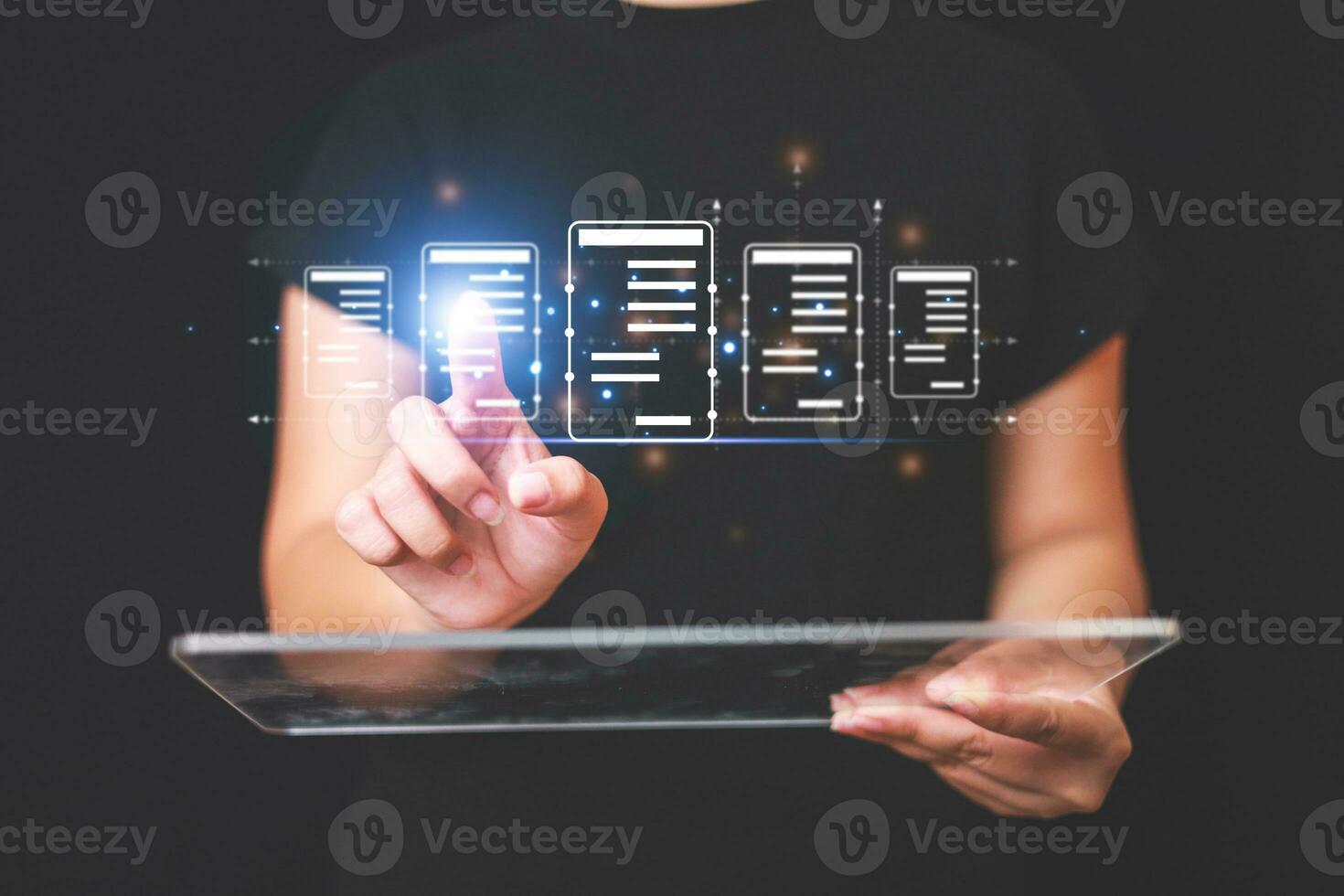 Business woman touching virtual monitor with document for online approve paperless quality assurance and ERP management concept. photo