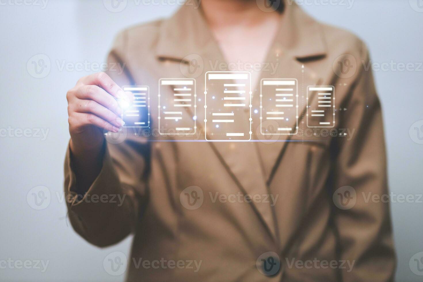 Business woman touching virtual monitor with document for online approve paperless quality assurance and ERP management concept. photo
