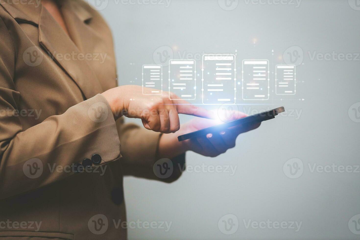 Business woman touching virtual monitor with document for online approve paperless quality assurance and ERP management concept. photo