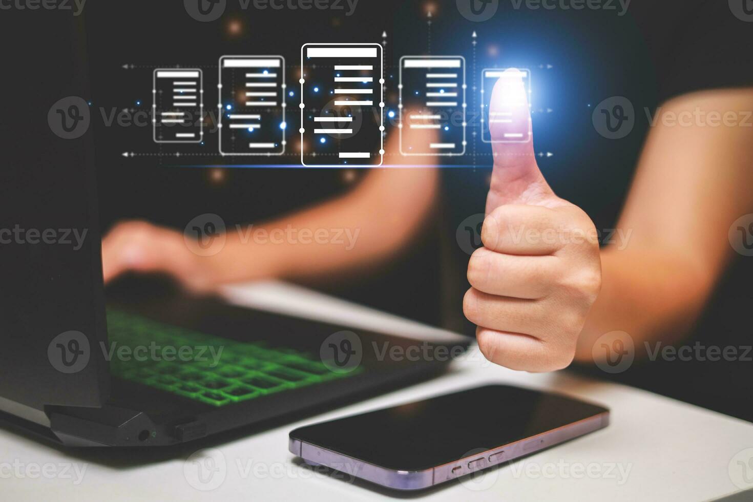 Business woman touching virtual monitor with document for online approve paperless quality assurance and ERP management concept. photo
