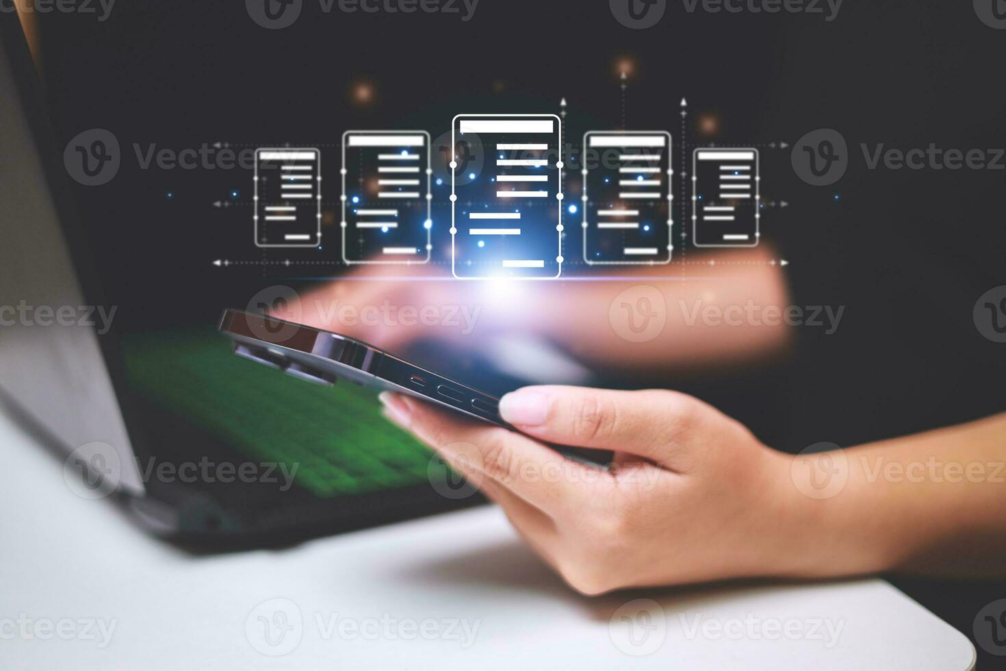 Business woman touching virtual monitor with document for online approve paperless quality assurance and ERP management concept. photo