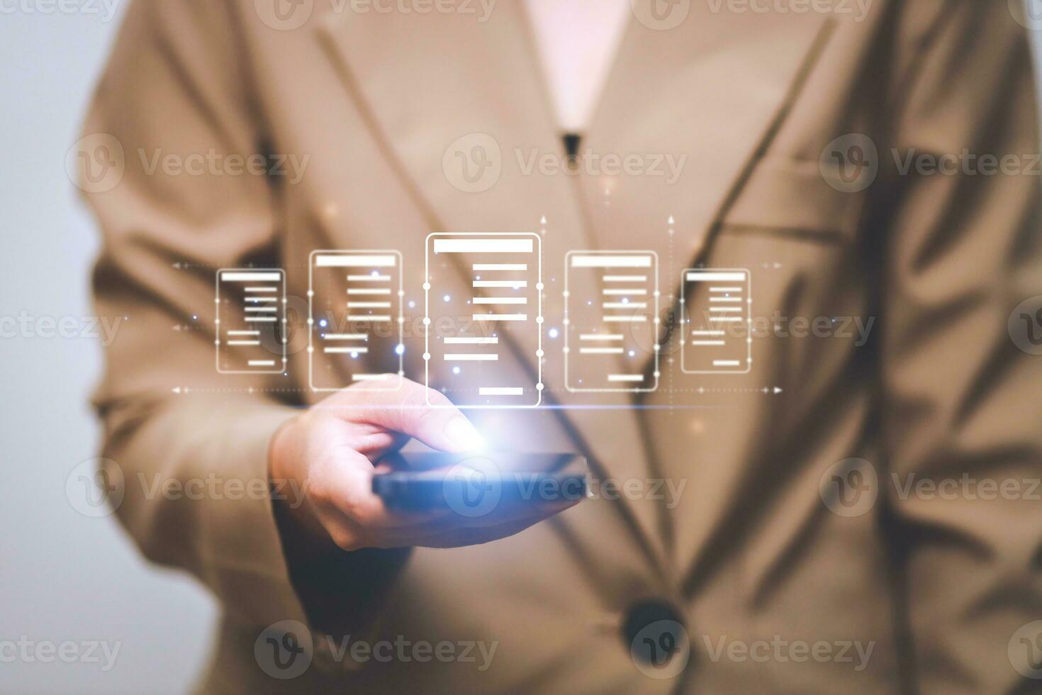 Business woman touching virtual monitor with document for online approve paperless quality assurance and ERP management concept. photo
