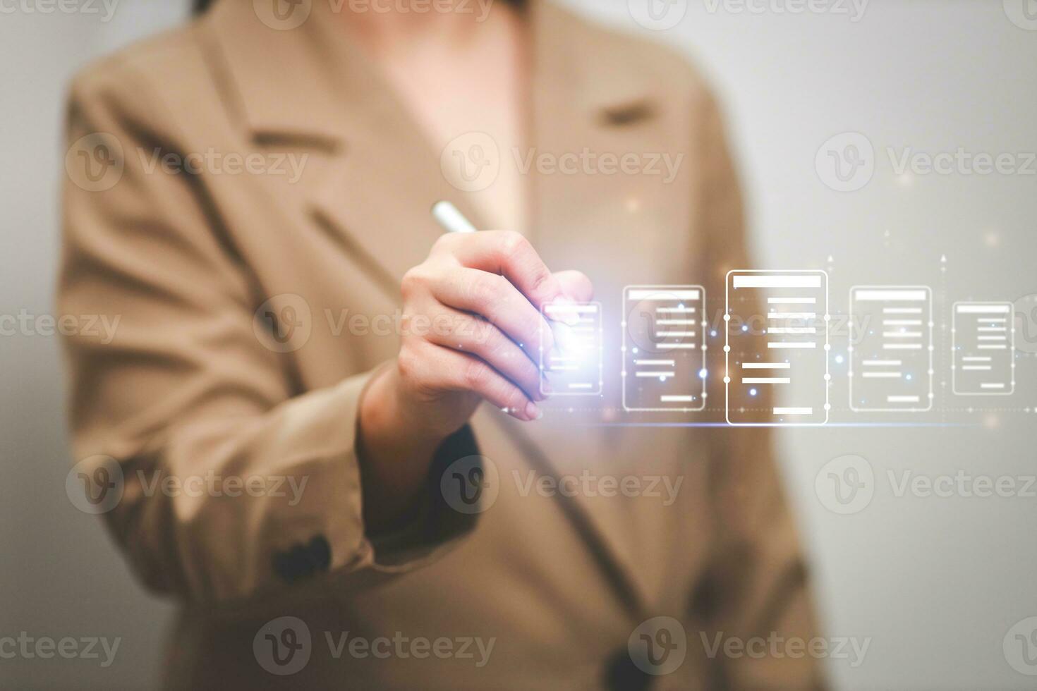 Business woman touching virtual monitor with document for online approve paperless quality assurance and ERP management concept. photo