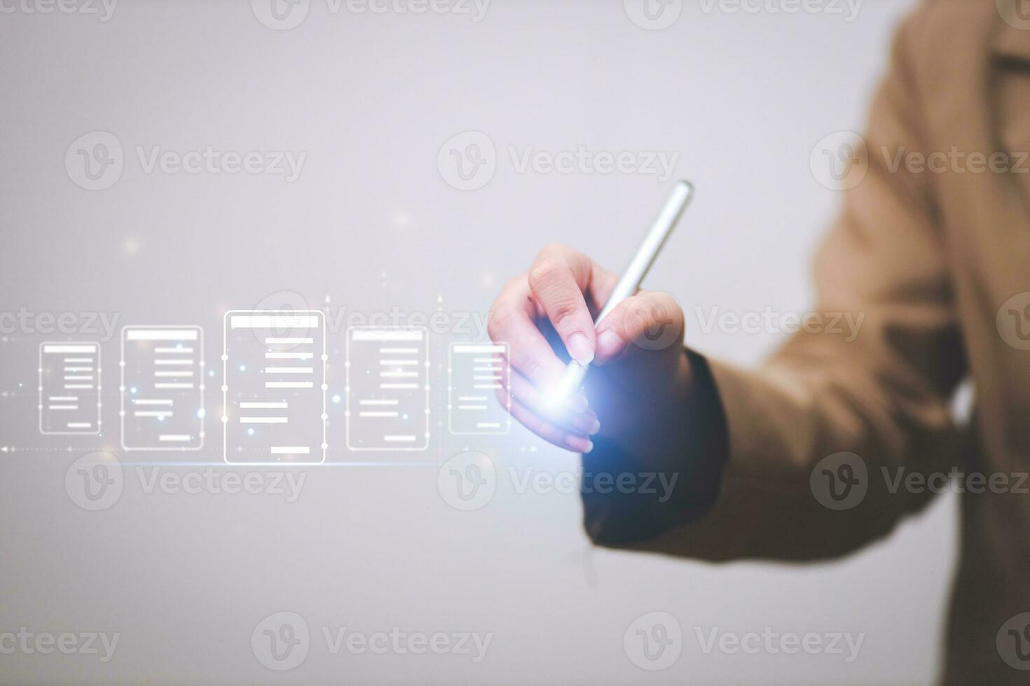 Business woman touching virtual monitor with document for online approve paperless quality assurance and ERP management concept. photo