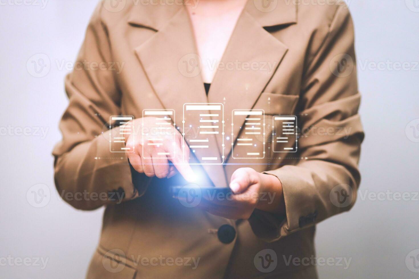 Business woman touching virtual monitor with document for online approve paperless quality assurance and ERP management concept. photo