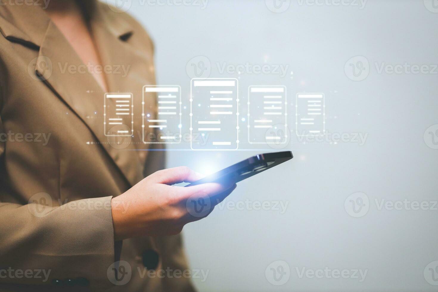 Business woman touching virtual monitor with document for online approve paperless quality assurance and ERP management concept. photo