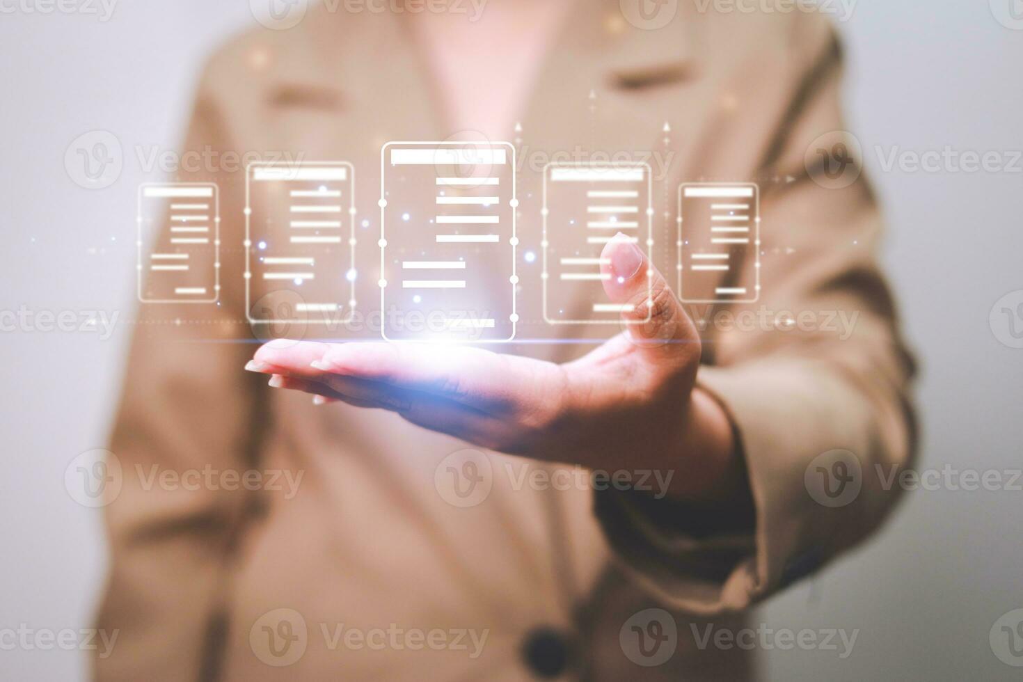 Business woman touching virtual monitor with document for online approve paperless quality assurance and ERP management concept. photo