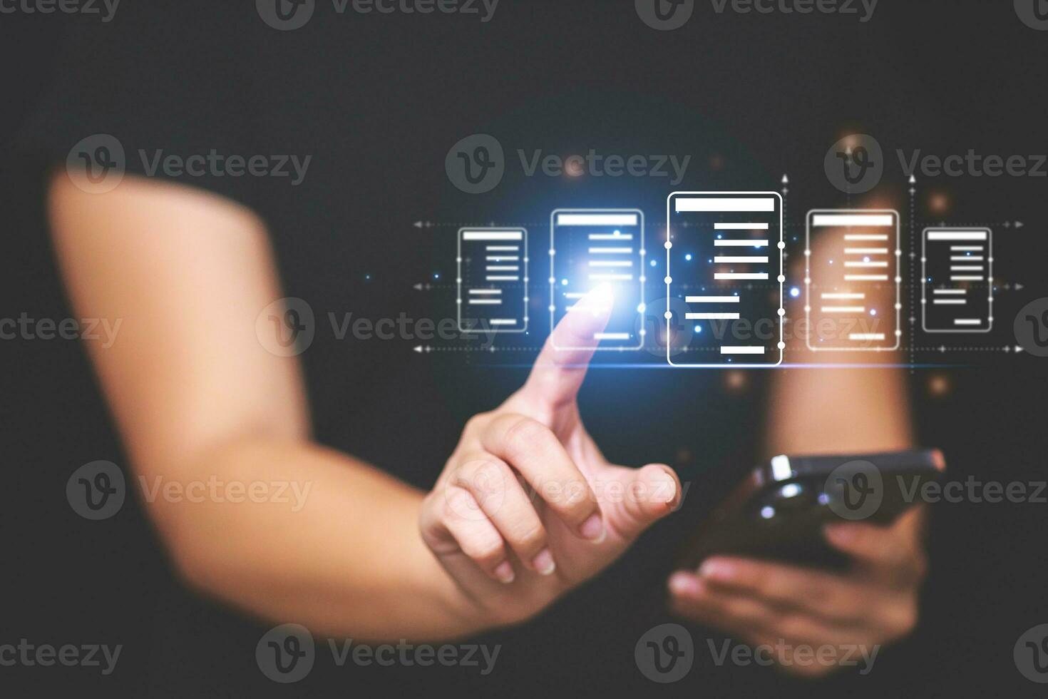 Business woman touching virtual monitor with document for online approve paperless quality assurance and ERP management concept. photo