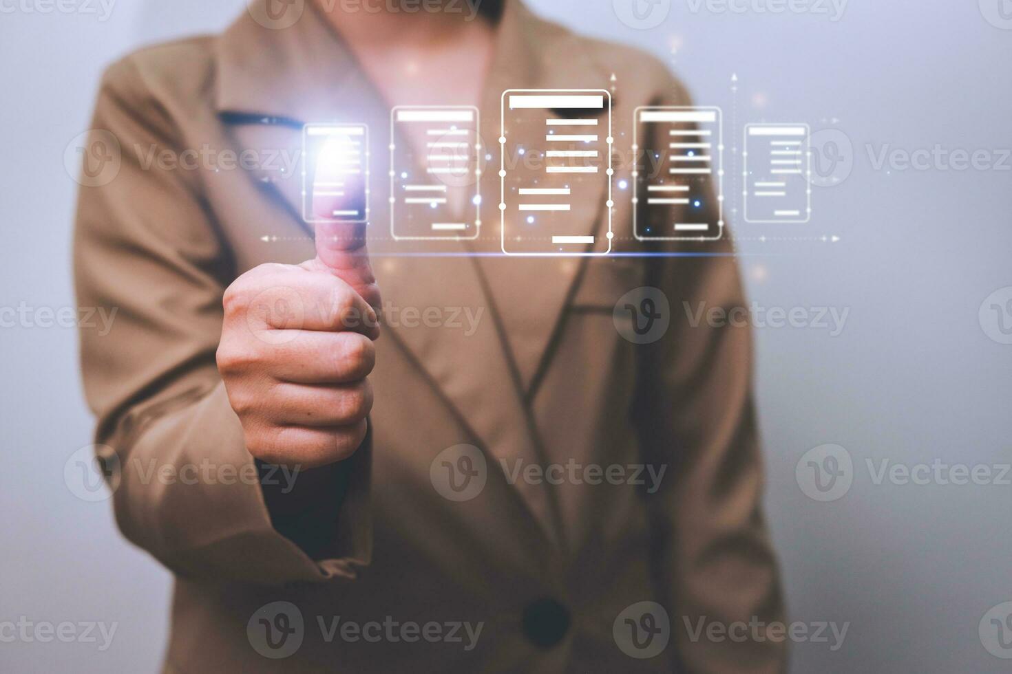 Business woman touching virtual monitor with document for online approve paperless quality assurance and ERP management concept. photo