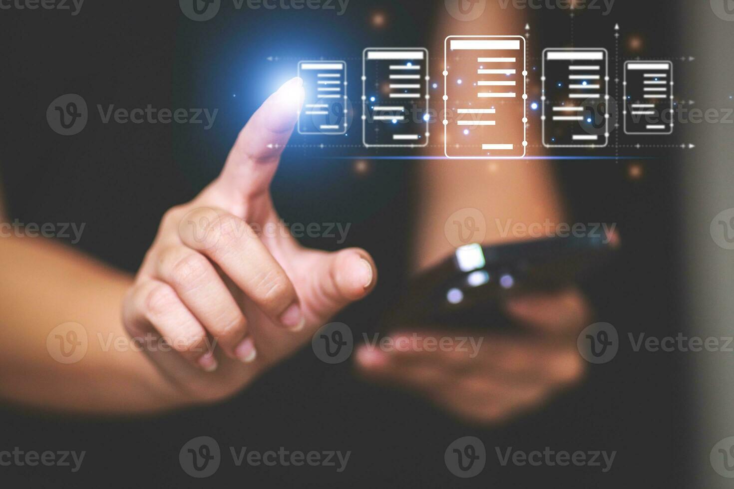 Business woman touching virtual monitor with document for online approve paperless quality assurance and ERP management concept. photo