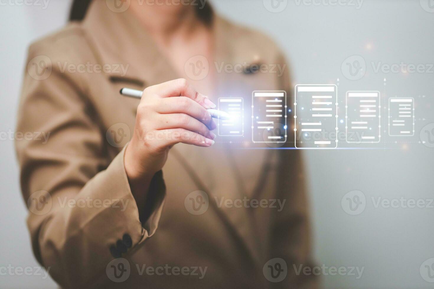 Business woman touching virtual monitor with document for online approve paperless quality assurance and ERP management concept. photo