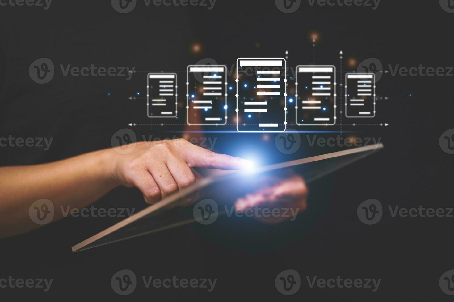 Business woman touching virtual monitor with document for online approve paperless quality assurance and ERP management concept. photo