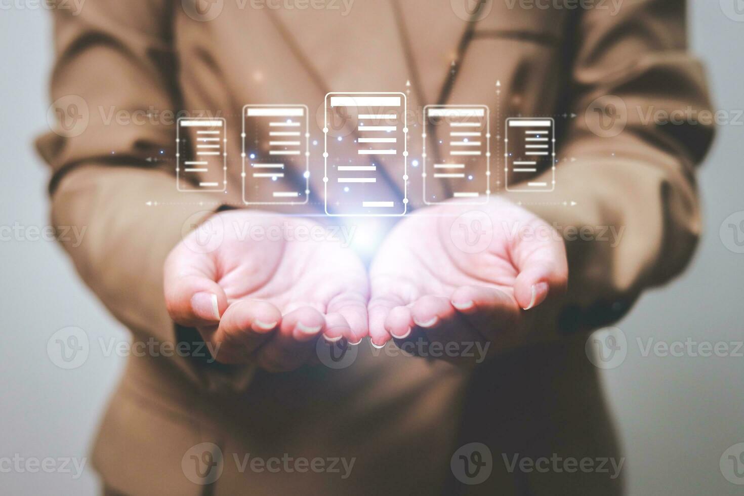 Business woman touching virtual monitor with document for online approve paperless quality assurance and ERP management concept. photo