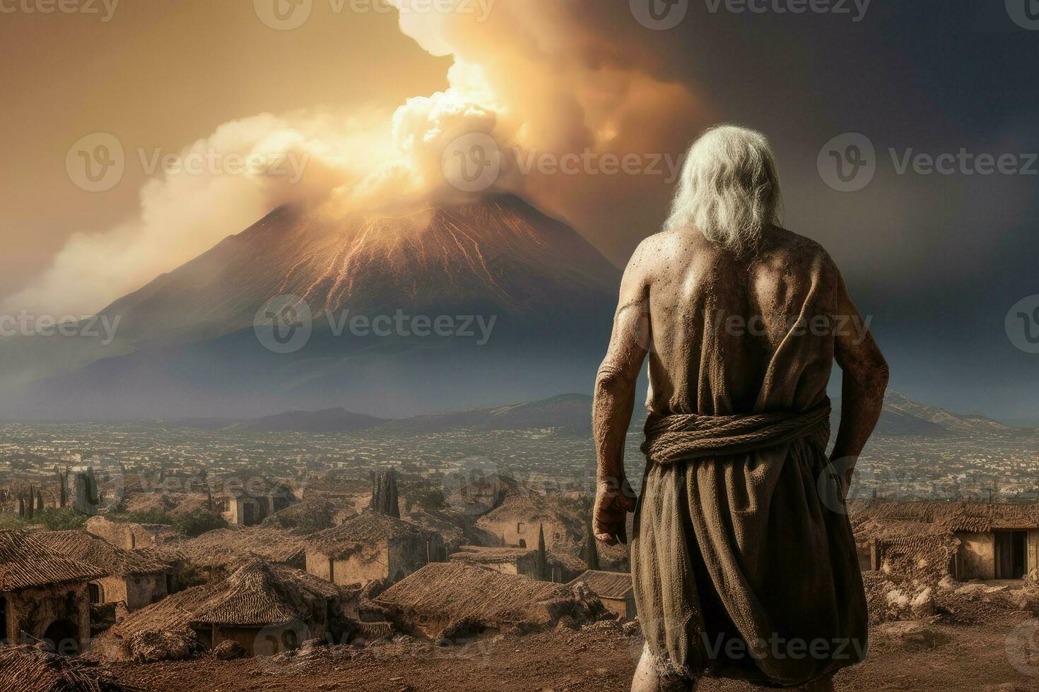 Ancient greek volcano eruption old man. Generate Ai photo