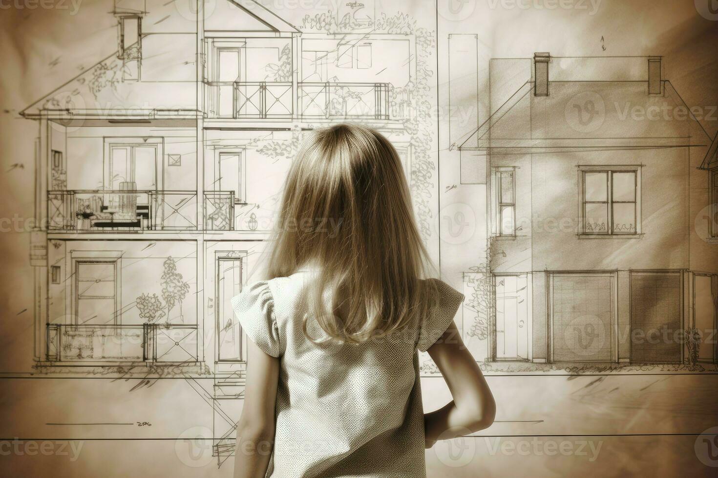 Architect house plan girl interior. Generate AI photo