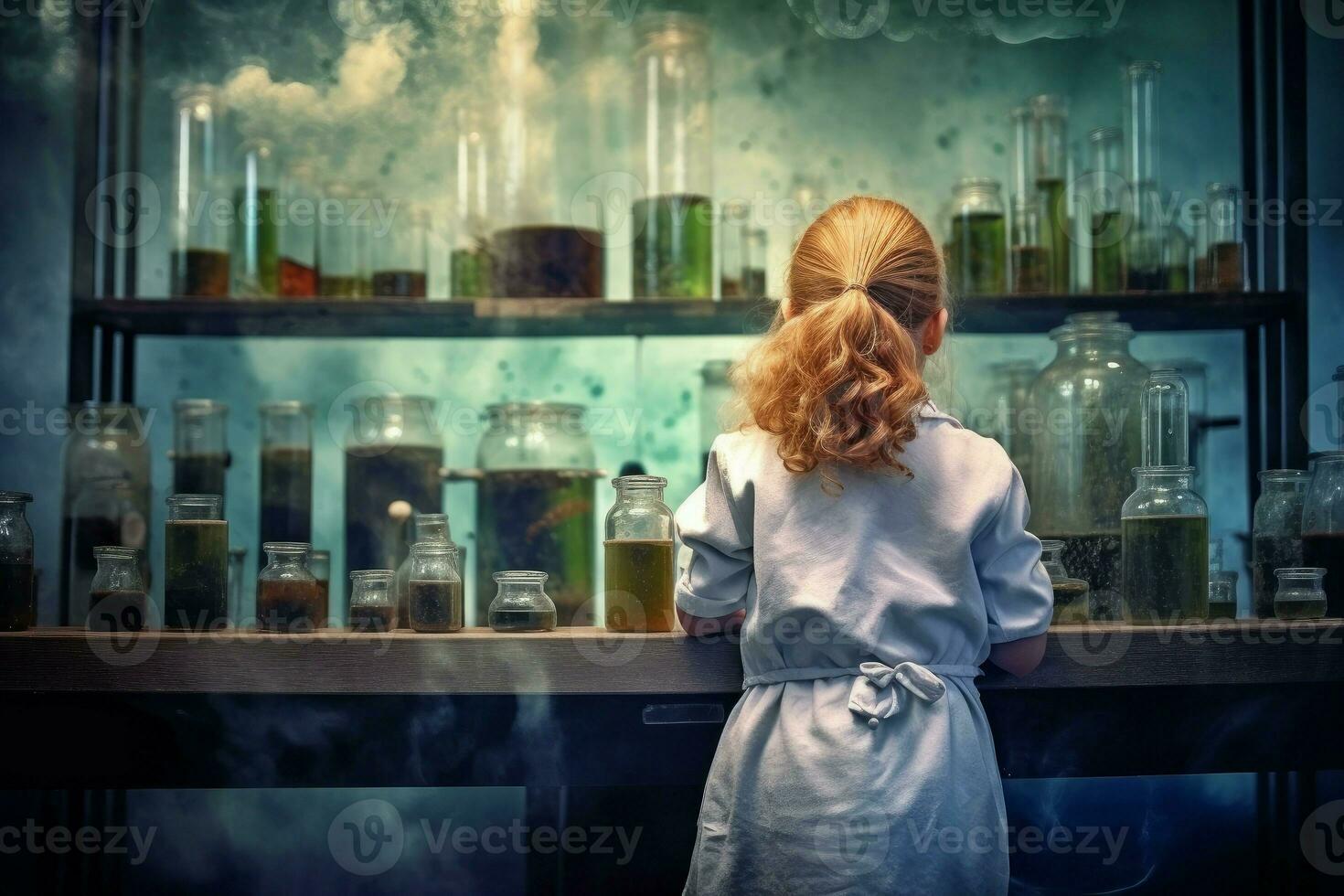Chemist red hair girl. Generate Ai photo