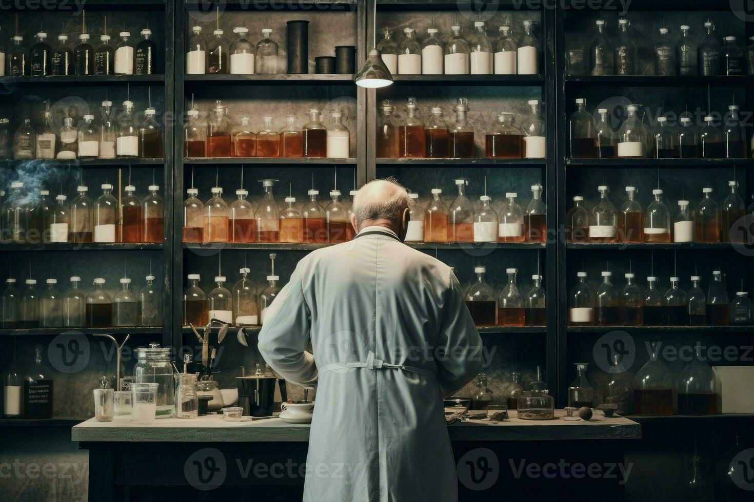 antiguo hombre en químico laboratorio. generar ai foto