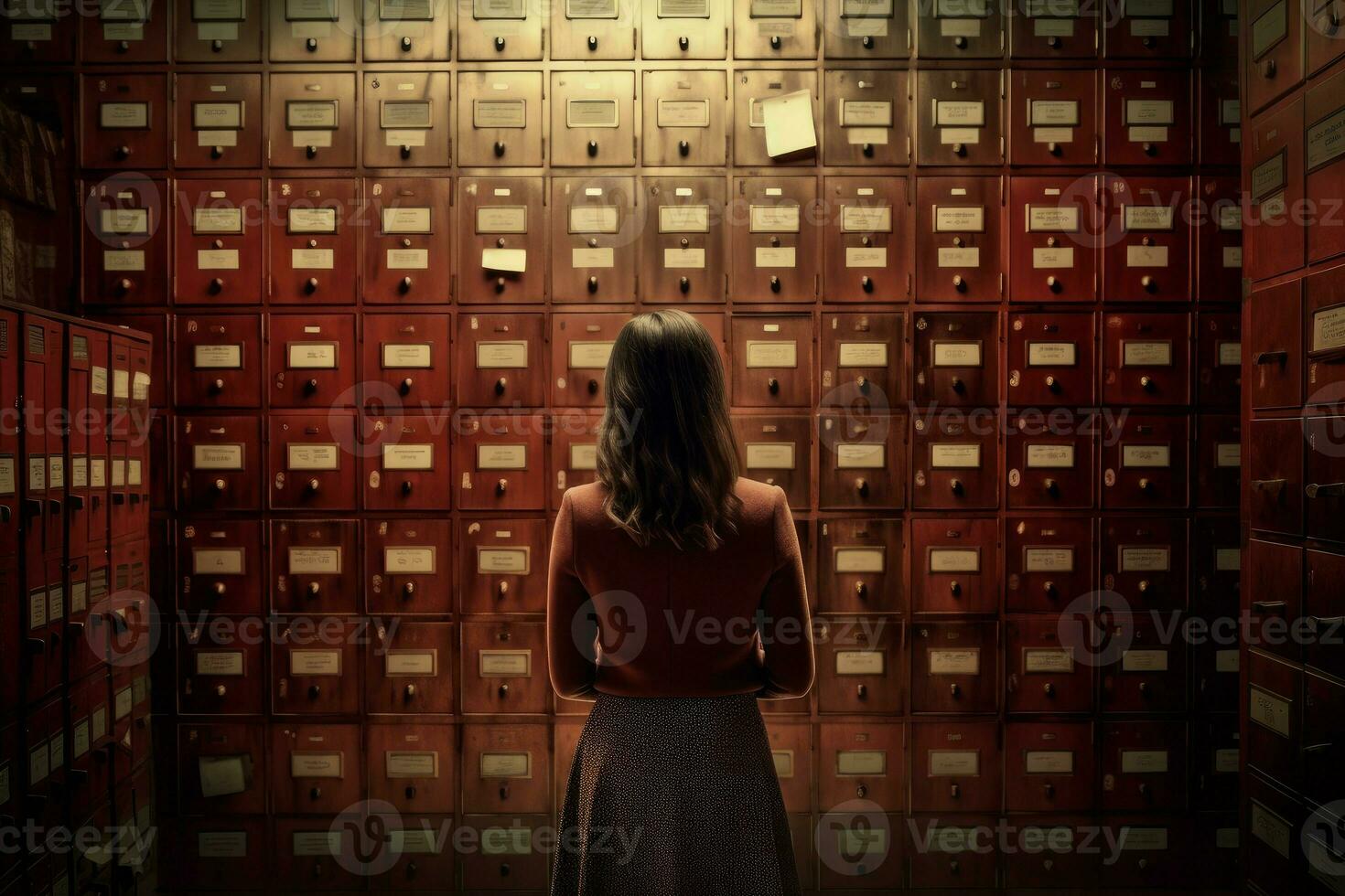 Archivist woman in red cabinets. Generate Ai photo