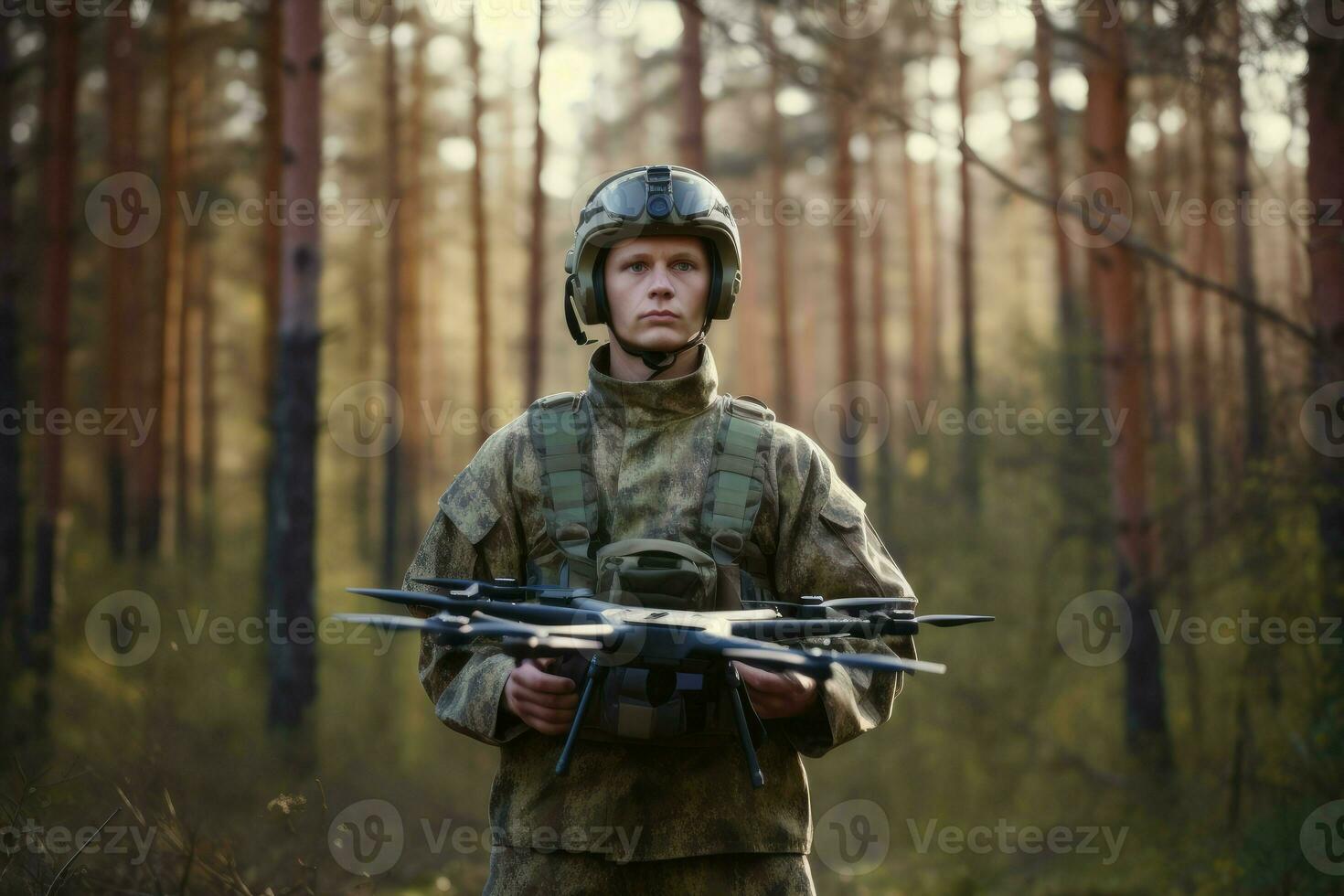 Soldier drone forest team. Generate Ai photo