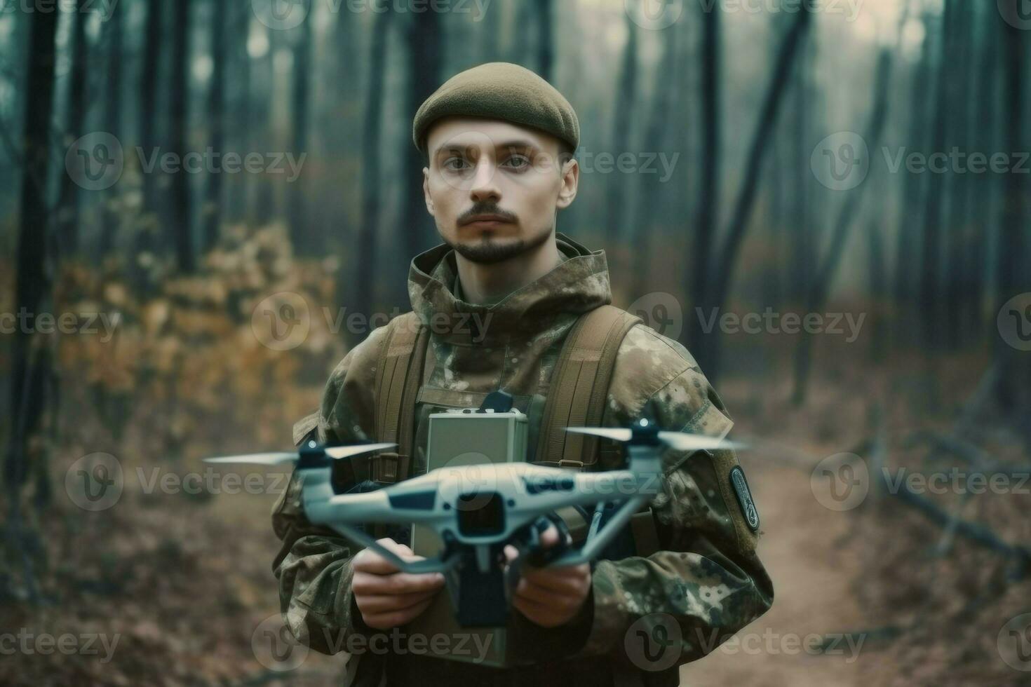 Soldier drone forest cyber. Generate Ai photo