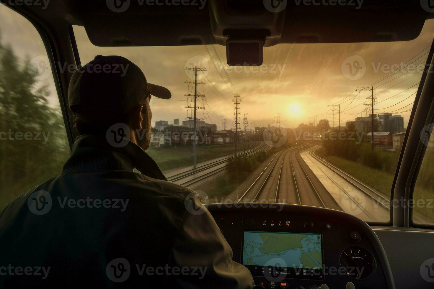 Train driver man windshield view. Generate AI photo