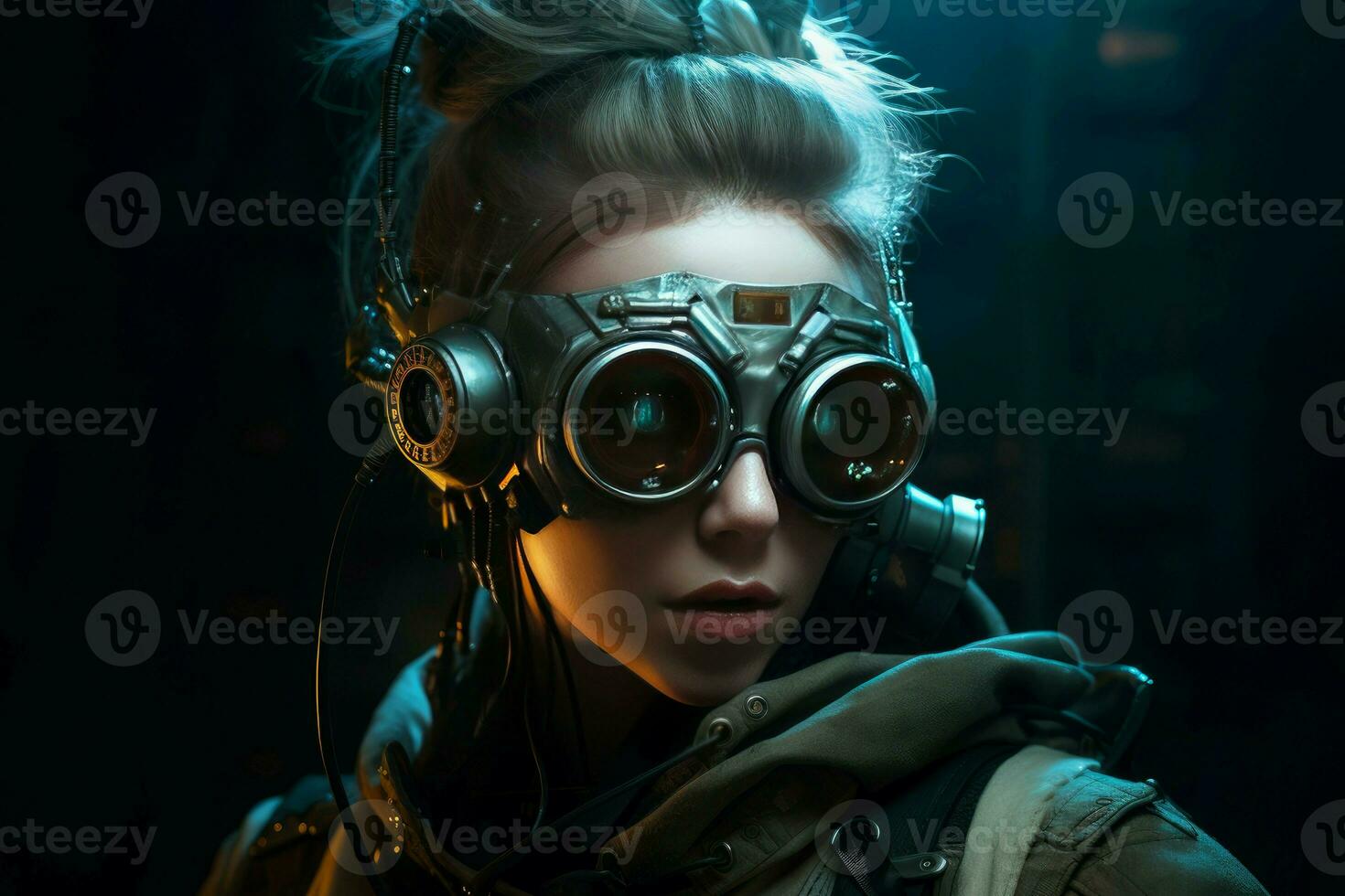 Cyberpunk girl goggles woman. Generate Ai photo