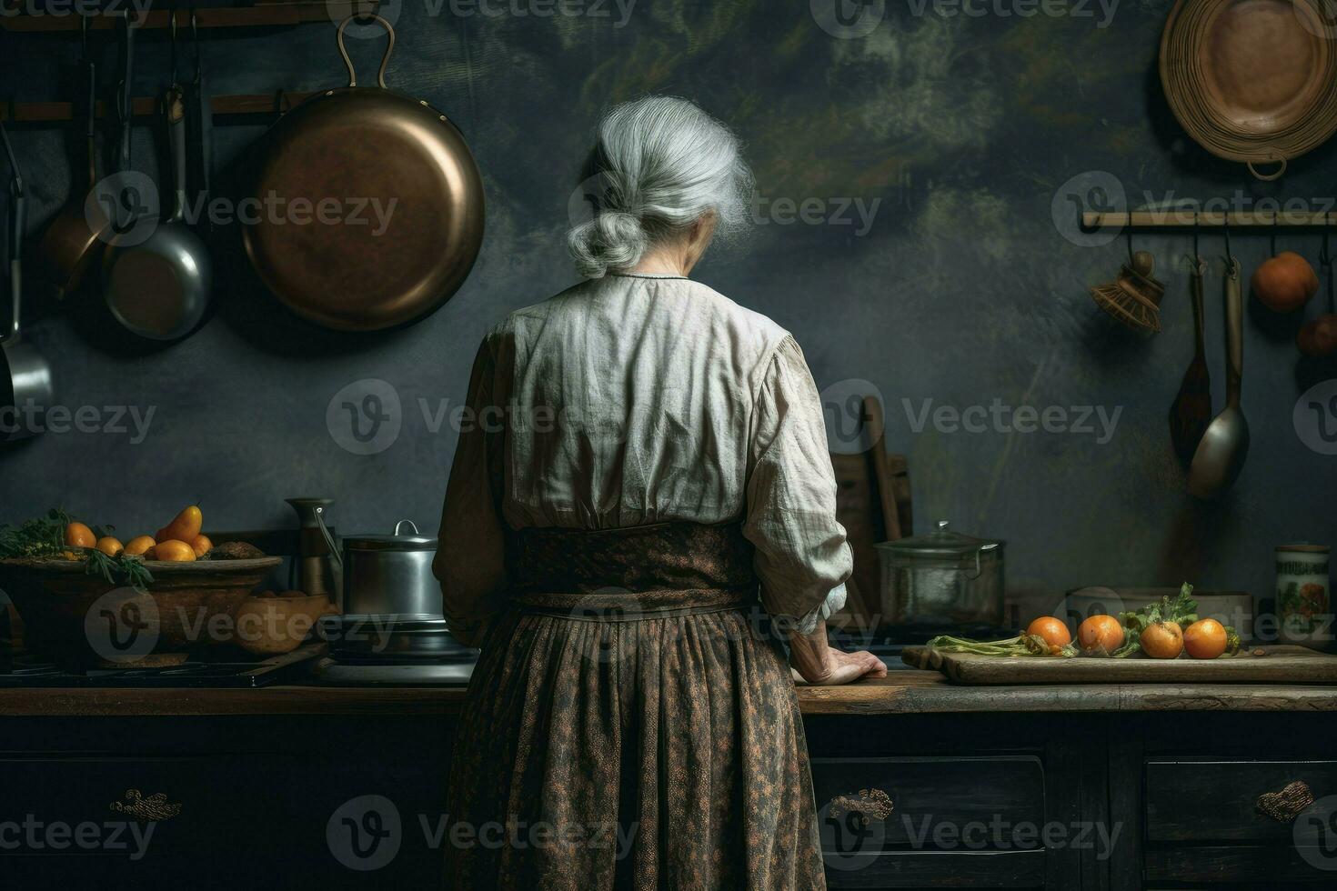 Cook old woman kitchen. Generate Ai photo