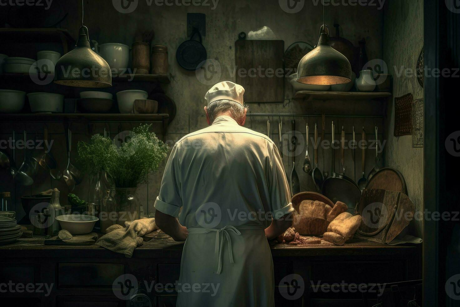 Cook old man vegan kitchen. Generate Ai photo