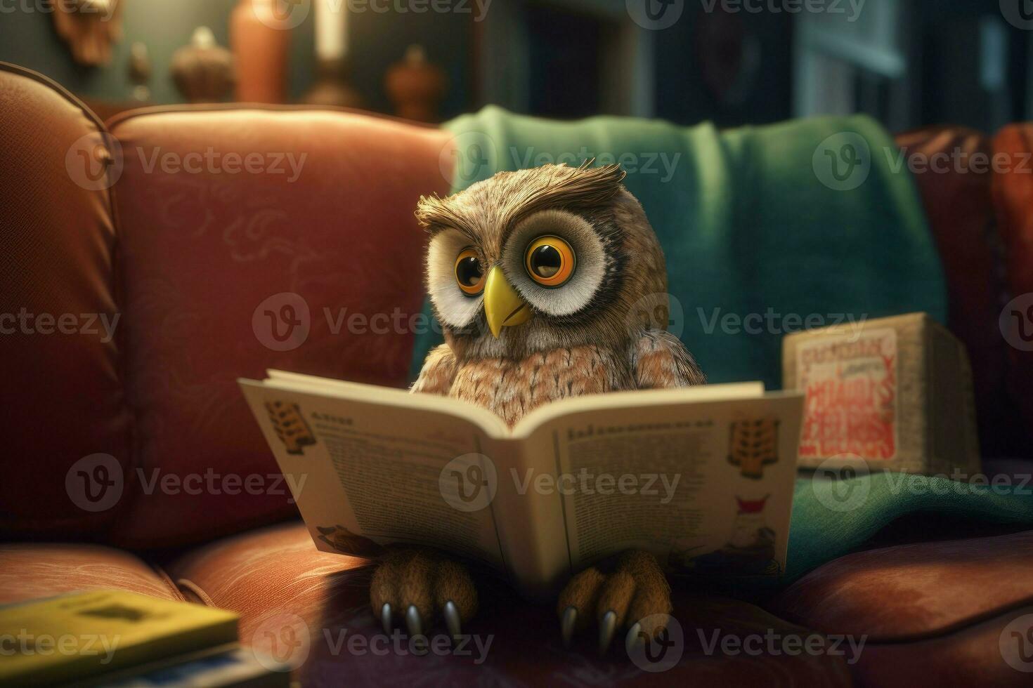 Cute owl reading book sofa. Generate Ai photo